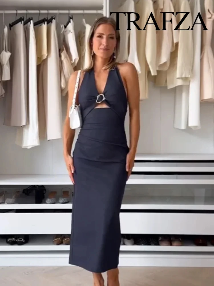 

TRAFZA Summer Women Fashion Dress Backless Sleeveless Split Hem Back Zipper Midi Dresses Chic Sexy Party Woman Halter Neck Dress