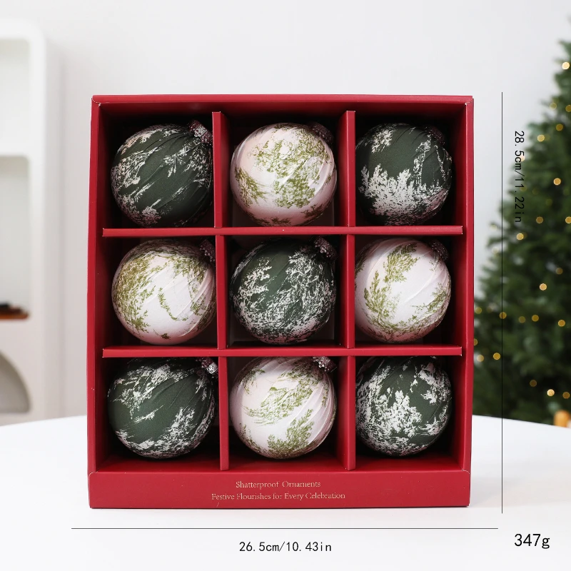 9pcs 8cm Plush Christmas Ball Ornaments Printed Cloth luxury Christmas Tree Party Decoration New Christmas Spheres Pendant Set