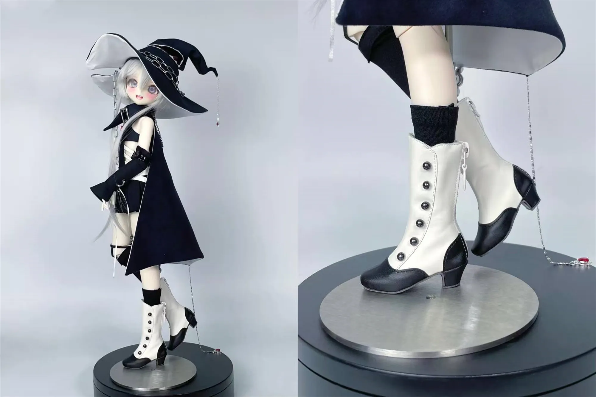 In Stock Mid-Calf Boots BJD Doll Shoes Round-Toe High-Heel Boots Elegant Stud Pearl Buckles Black Brown White