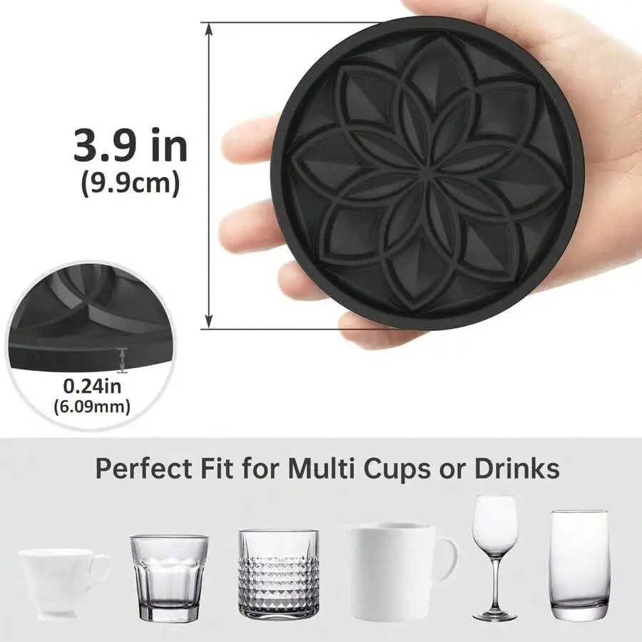 Silicone Coasters Set With Holder - 6 Pack Drink Coasters For Coffee Table Bar Desk Black view 3