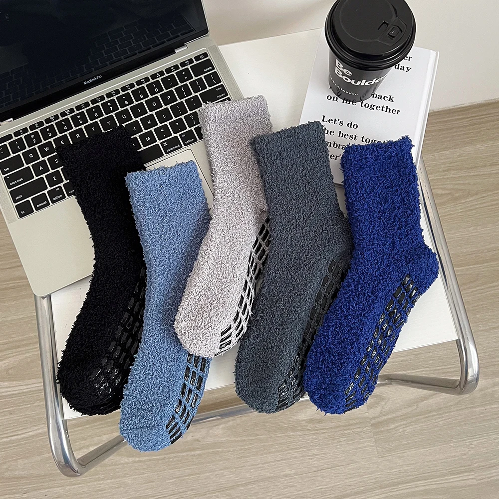 5/10 Socks Autumn Winter Men Women Non-hair Loss Coral Fleece Thicken Socks Unisex Warm Solid Color Non-slip Point Rubber Socks