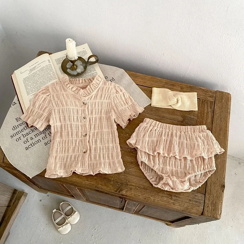 Kids Solid Color Short Sleeve Cardigan T-shirt+Skirted Bottom Shorts 2PCS Outfits 2025 Summer Newborn Baby Clothes Set 0-3Years