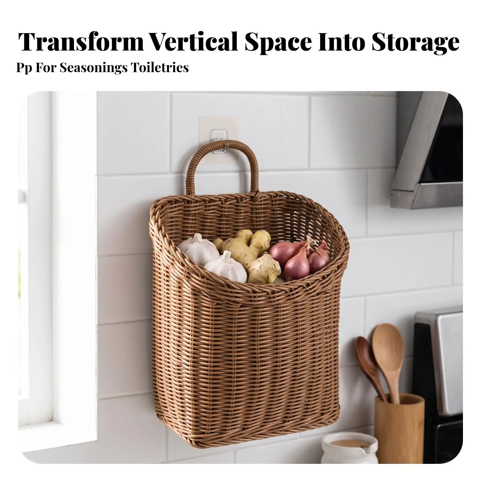 Plastic Wall Basket for Organizing Small Items with Arch Handle for Kitchen Counter Space Saving