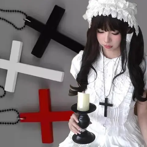 Fashion Punk Gothic Wood Cross Pendants Necklace White Black Cross Choker Y2k Hip Hop Necklace Sweater Chain Gifts