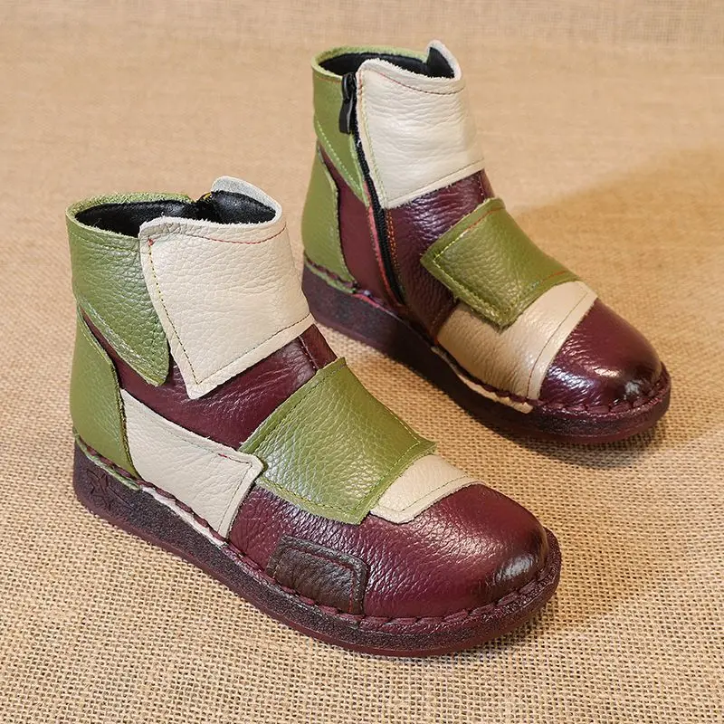 

Vintage patches genuine leather ankle boots woman luxury snow shoes waterproof short plush boot women autumn booties lady flats