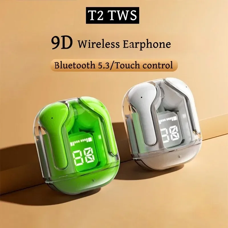 NEW T2 Tws Wireless Bluetooth Headset Transparent ENC Power Digital Display Stereo Sound Earphones for All Smartphone