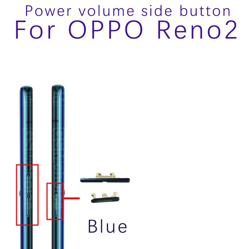 Power Volume Side Botões para OPPO Reno 2On e Off, Volume Up Down, Side Keypads Peças de reposição, azul, rosa, preto