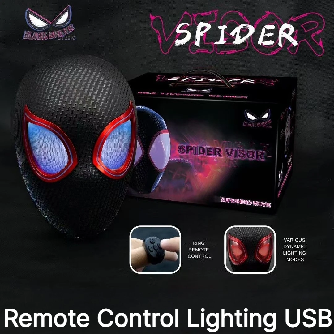 Auf Lager: Miles Spider-Man 1:1 Maßstab Elektronische Maske mit Beweglichen Leuchtenden Augen, Ringsteuerung, Cosplay-Spielzeug, Geschenk für Jungen