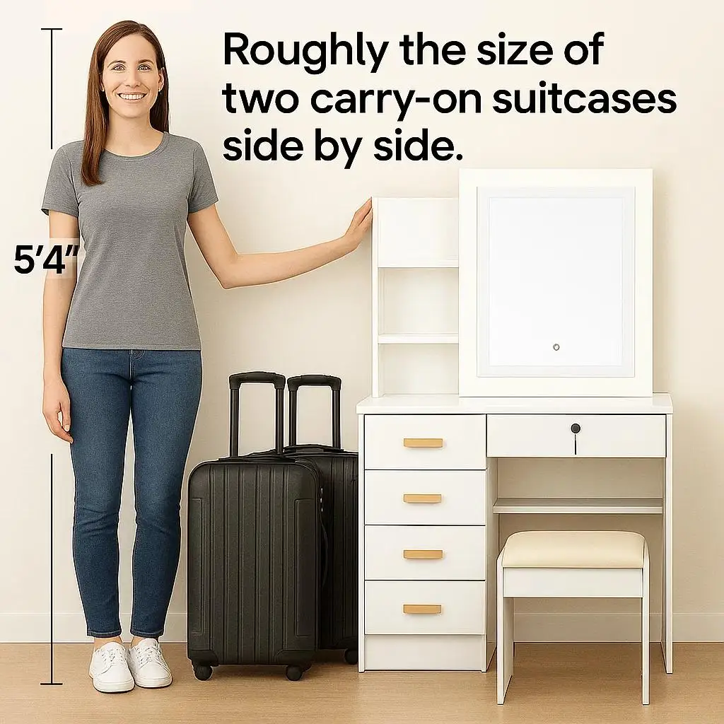 طقم طاولة زينة كبيرة مع مرآة LED، 5 أدراج وأرفف، مكتب خزانة ومقعد مبطن، سهل التركيب، تخزين مخفي،