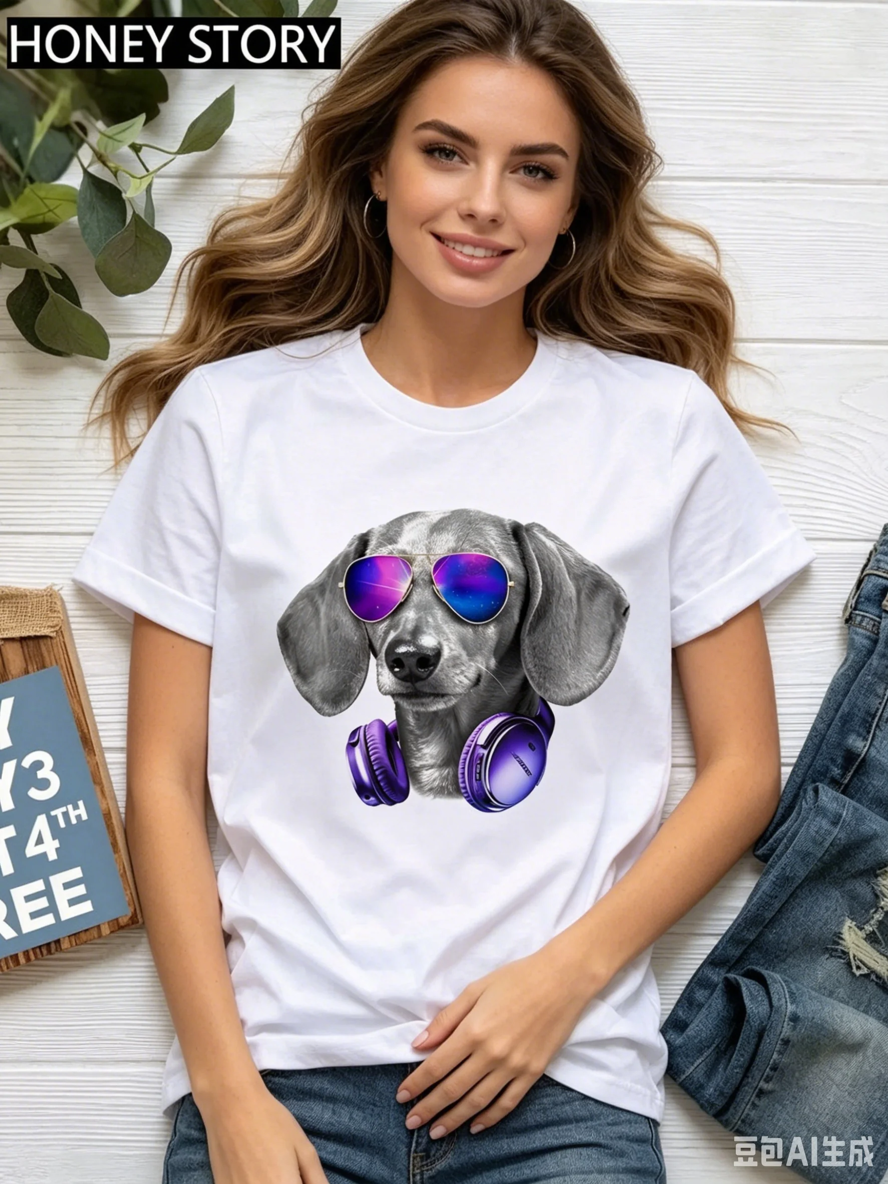 Fashion Cute Dog Dachshund Print Round Neck Short Sleeve T-shirt Women Loose Cartoon Tops Women Clothes Summer polyester fabric