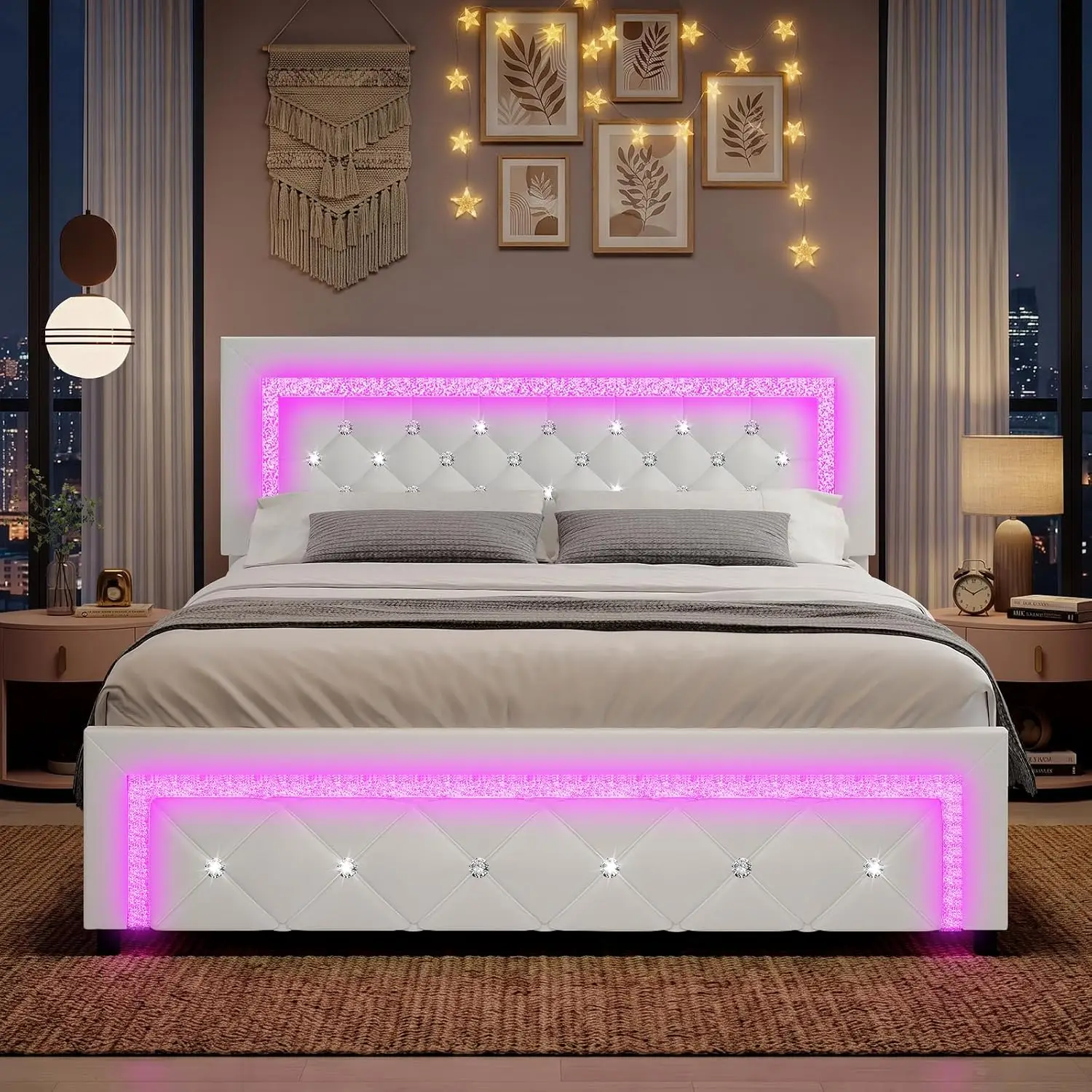 Diamond Tufted Upholstered Bed Frame with LED Light Strip, White, Customized