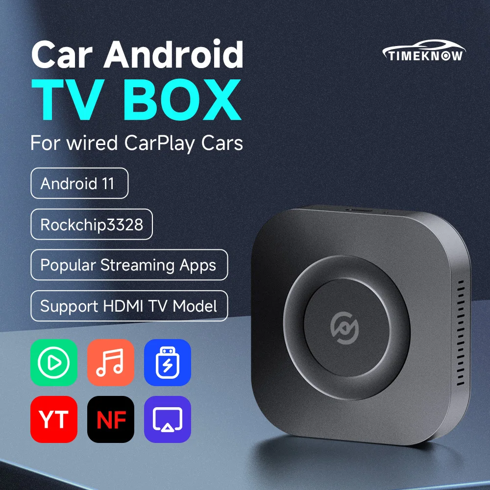 TIMEKNOW For Wired CarPlay Cars Android 11 Car TV Box 4-Core Cortex A53 CPU 2.4G+5G WiFi Support HDMI 4K Streaming Media Player