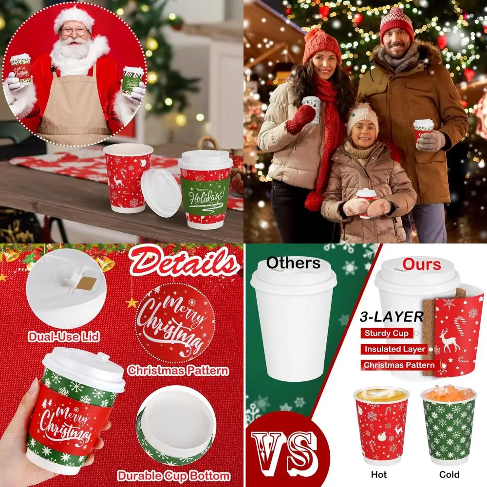 

Бумажные стаканы для напитков на 12 унций с крышками и обертками – толстые термоизолированные стаканы для горячих и холодных напитков, идеально подходят для рождественских вечеринок