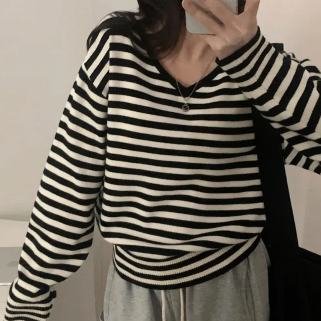 

Chic Autumn Winter Striped Lazy Knitwear Loose Long Sve Color Blo Top Faionable Agel Simple Korean Sle Straight Cut