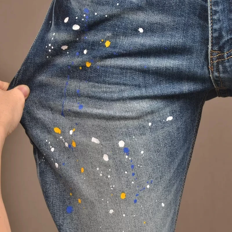 Street Fashion Men Jeans High Quality Retro Blue Stretch Elastic Skinny Ripped Jeans Men Painted Designer Hip Hop Pants Hombre