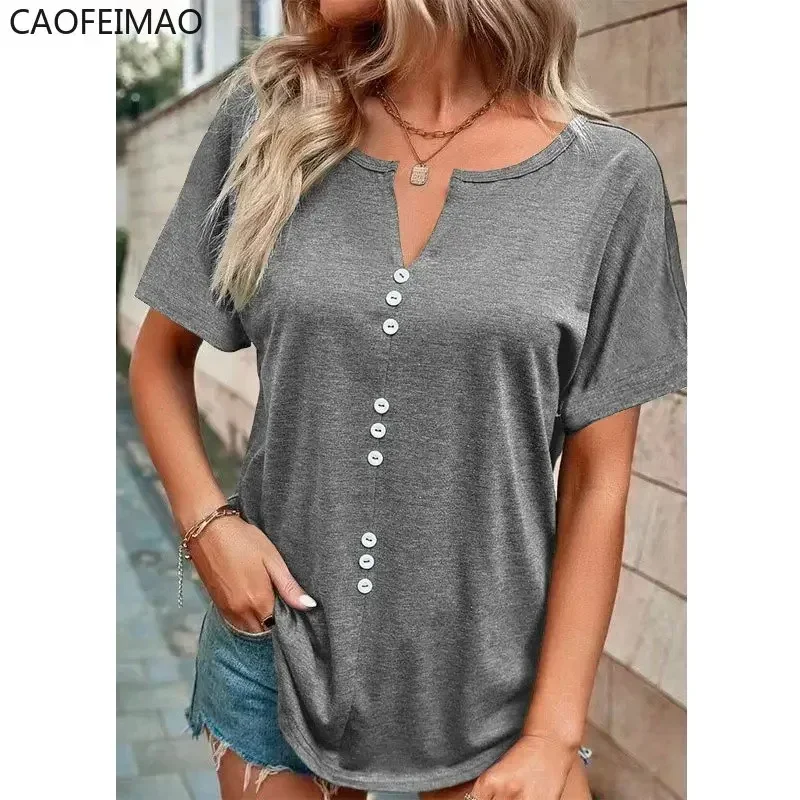 

2023 Caofeimao Women's Fashion T-shirt Tops Spring Summer Short Sleeve Oversized V-Neck Solid Color Button Shirts Female