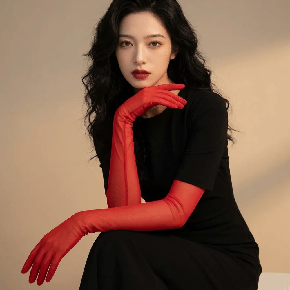 

Stretchy Ultra-thin Transparent Gloves Transparent Elbow Sunscreen Mittens Sun Protection Gauze Mesh Full Finger Gloves Bride