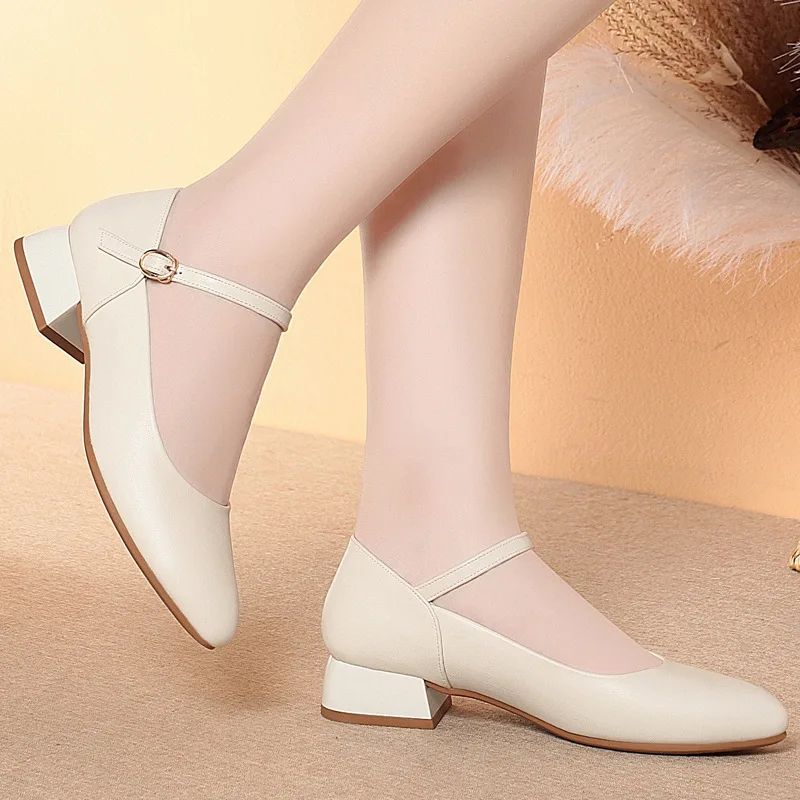 

3cm All Match Comfortable Breathable Shallow Soft Leather Mary Janes Women Shoes 2025 Fall Square Heels Shoes for Mom Work Daily