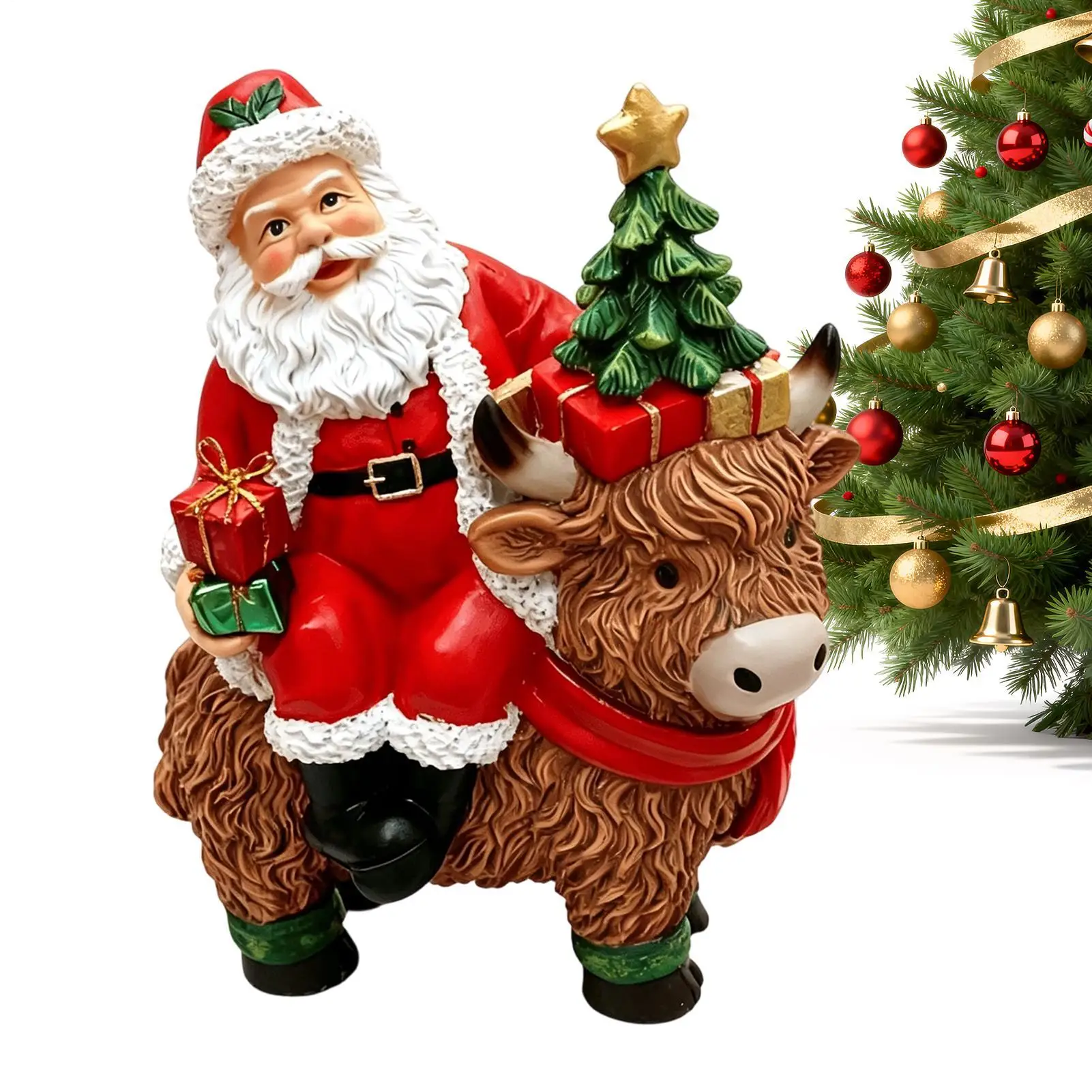 Highland Cow Santa Claus Scarf Plaid Figurine Santa Claus Cow Farmhouse Christmas Statue Ornament Decorative Gifts For Home