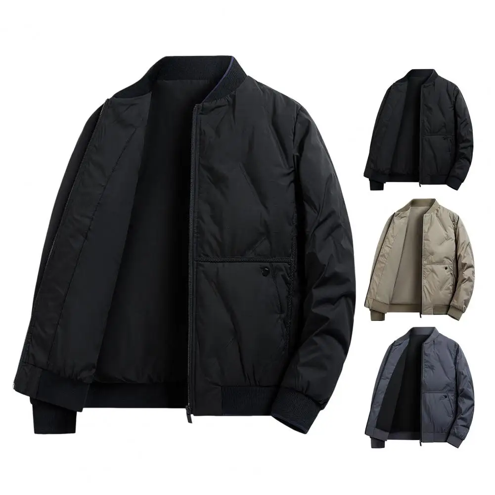 

Autumn/Winter Jacket Retro Solid Color Middle Aged Men Windproof Warm Stand Up Collar Coat Simple Checkered Design Cotton Jacket