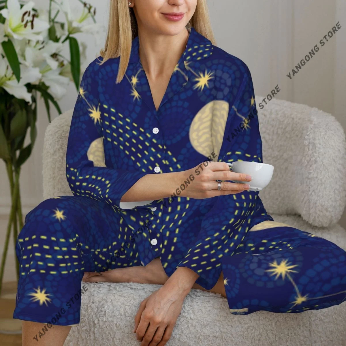 

Spring Autumn Pajama Set Women's Long Sleeve Pants Two Piece 1950s 1960s Motifs Retro Constellations Stars Home Furnishing Set