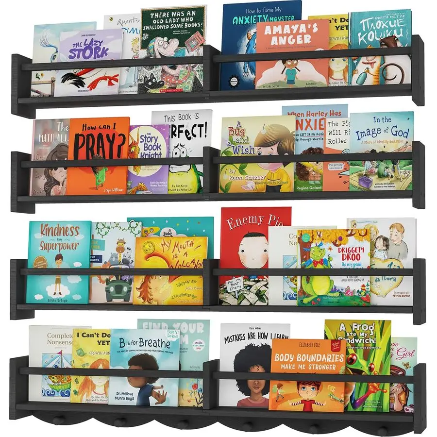 

Nursery Bookshelves,Set of 4,Wall Floating Shelf Kids Coat Rack with 6Hooks,Hanging Book Shelf for Baby Nursery Room Decor Paten