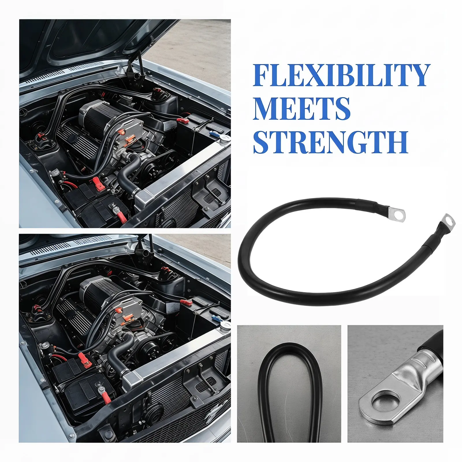 2Awg Automotive Ground Strap Ring Terminals Electric Vehicle Car Battery Connection Engine Ground Cable Strap Heavy Duty