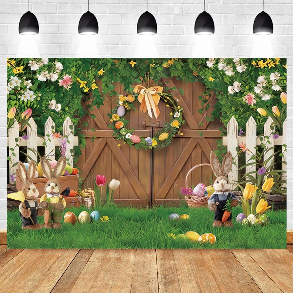 Fondos de Pascua de primavera para fotografías, huevos de conejo, tablero de madera de flores, decoraciones de cumpleaños para niños, telón de fondo para fotomatón de Baby Shower
