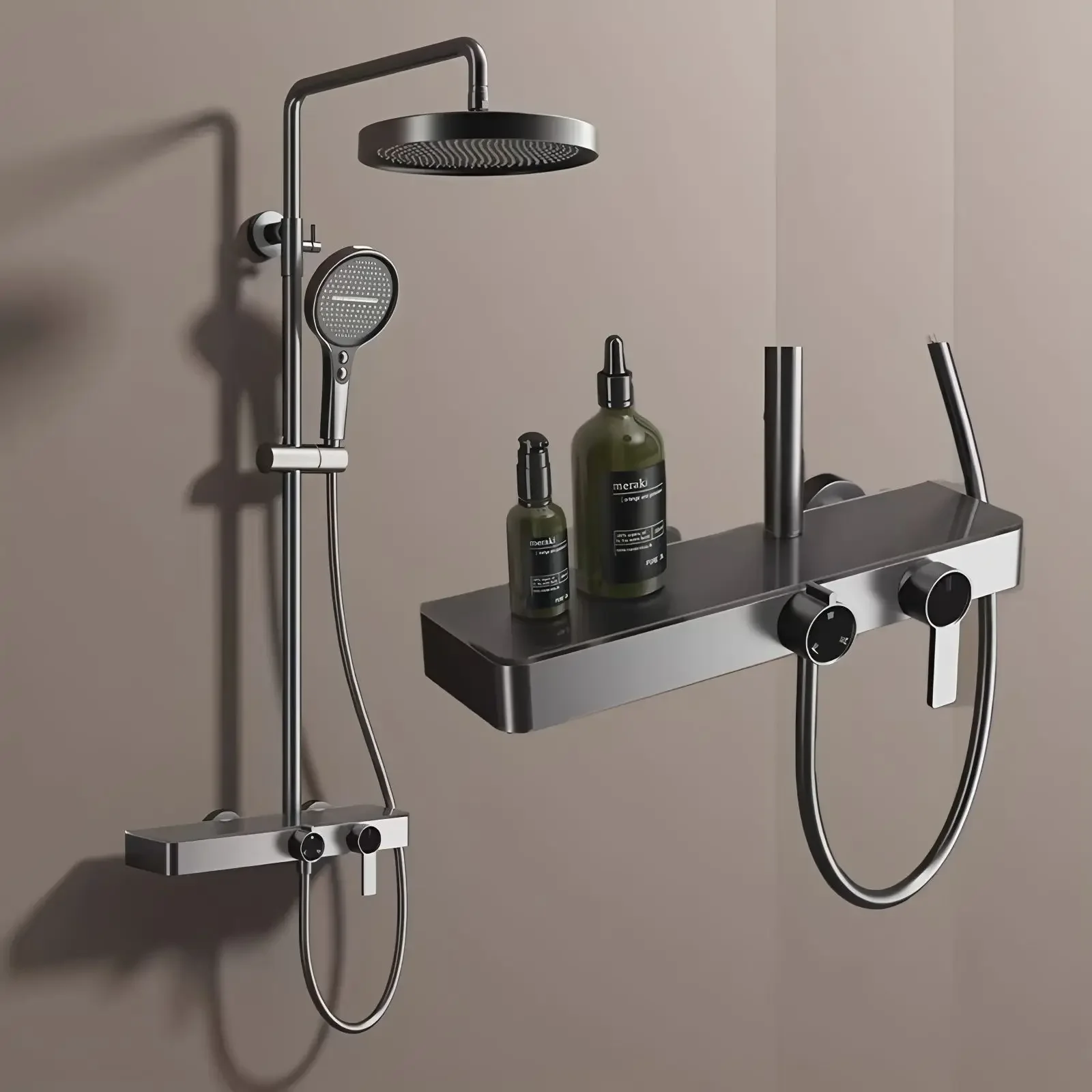 #Rain Shower Head Set, Waterfall Spout, 2 in 1 Shower Shelf, Cold and Hot, Brass Brushed Gold, Bathroom Fixture view 3