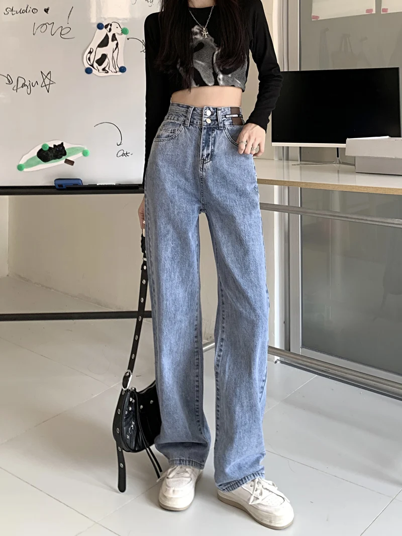 Cintura alta perna reta jeans feminino novo 2025 emagrecimento plus size solto ort plus size calças verão mistura de algodão fino