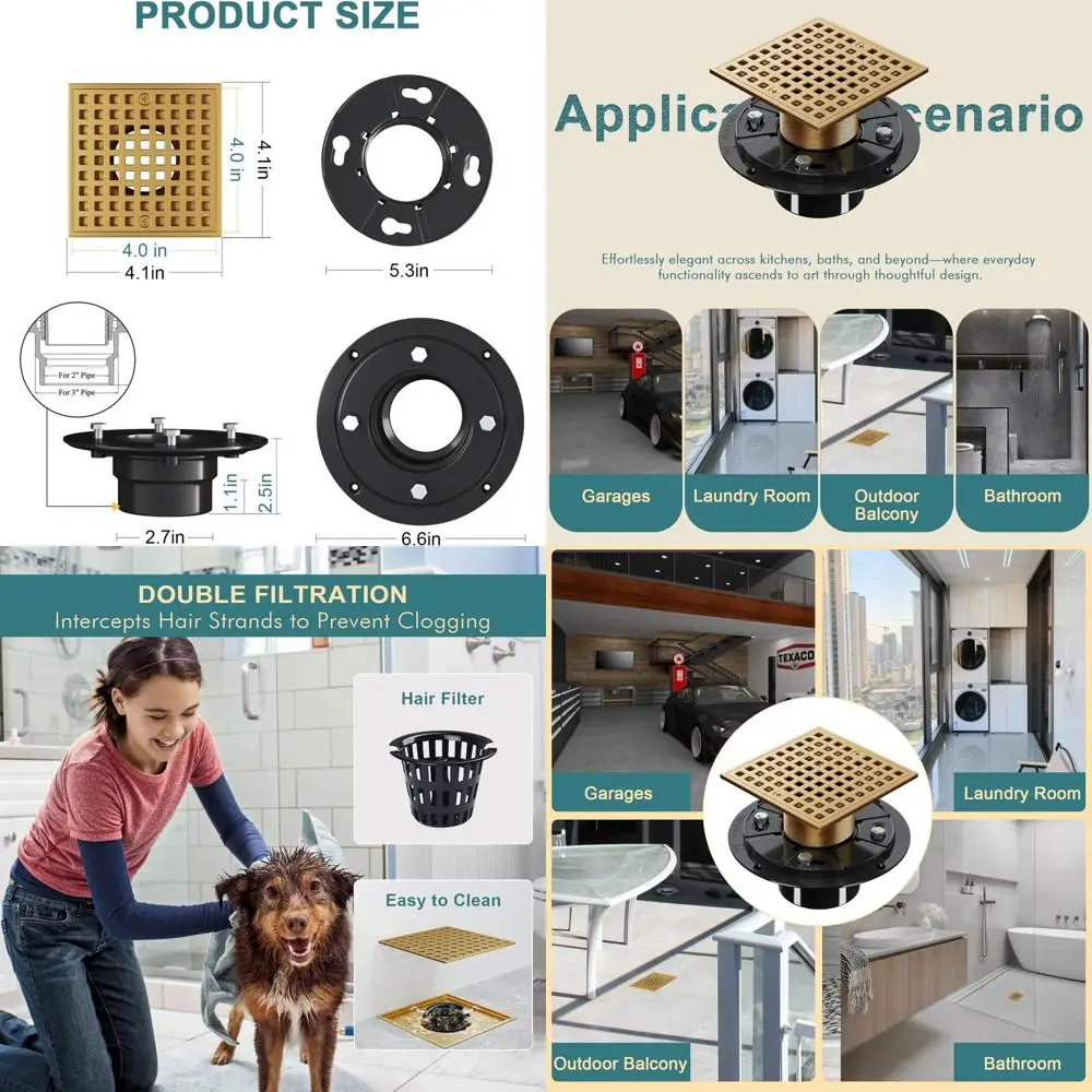 

4-1/4 Square Champagne Bronze Shower Drain Kit, ABS Flange, Hair Strainer, Removable Cover, 2/3 Pipe, SUS304 Stainless Steel, CU