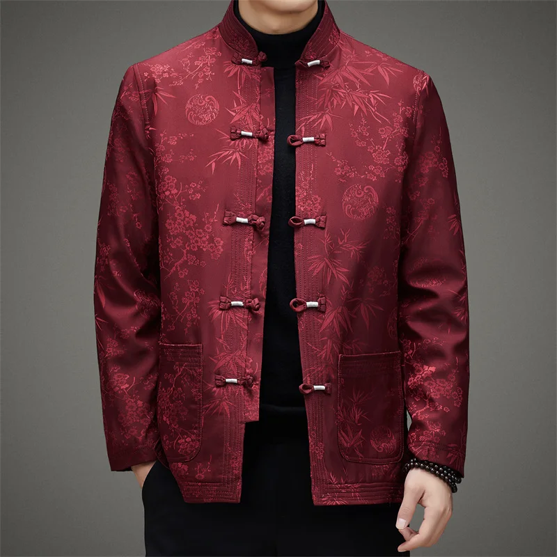 Warm Brocade Chinese Jacket for Men Winter Fleece Traditional Attire with Sophisticated Pattern Festival Gift for Grandpa/Father
