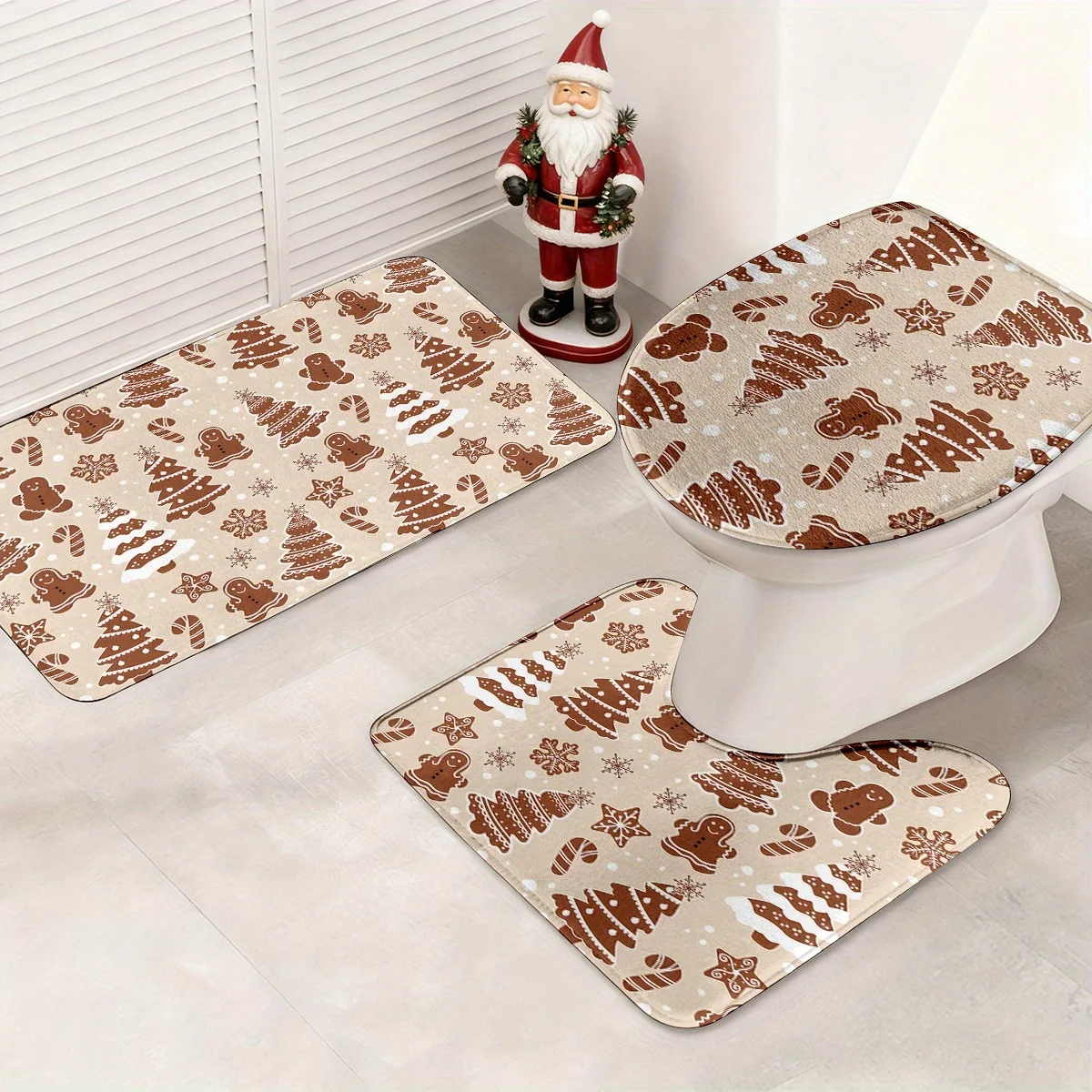 3‑Pieces Christmas Tree, Gingerbread Man & Snowflake Bathroom Mat Set, Decor Rug Kit With Toilet Lid Cover & U‑Shaped Mat