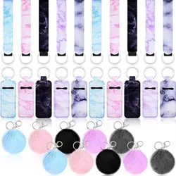 30pcs Marble Chapstick Holder Keychain Lip Balm Holder Set Chapstick Holder Keychain Wristlet Lanyard Pom Pom Keychain Charms