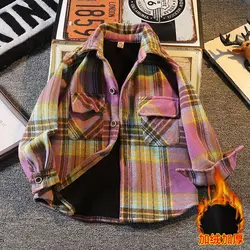 Autumn and Winter Boys' 2023 Velvet Padded Shirt Children's Thickened Winter Fleece-Lined Warm Shirt Brushed Plaid