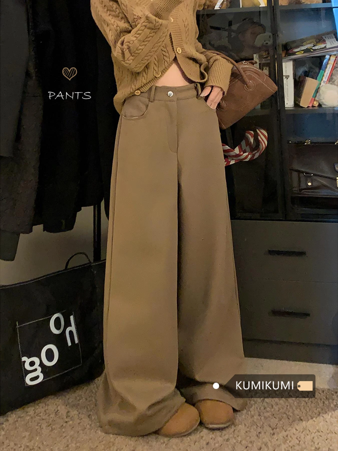 

Khaki Casual Pants Women's Winter High Waisted Straight Leg Loose Floor Pants Long Wide Leg Pants