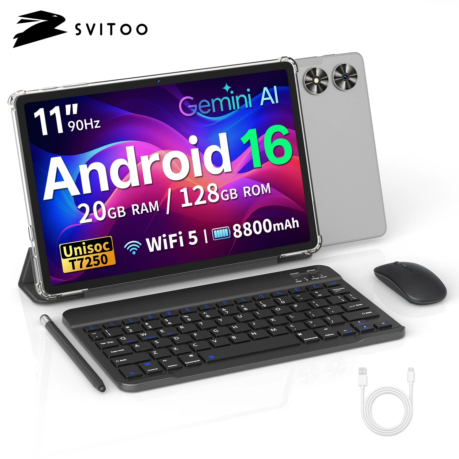 SVITOO Tablet 2026 Android 16 11 Inch 90Hz HD IPS Screen Unisoc T7250 Octa-Core Processor 4GB Physical RAM + 16GB Virtual RAM 128GB ROM 1TB Expandable 8800mAh Battery 2.4GHz 5GHz WiFi 5 Bluetooth 5.0 GPS Widevine L1 With Case Keyboard Mouse Stylus Stand