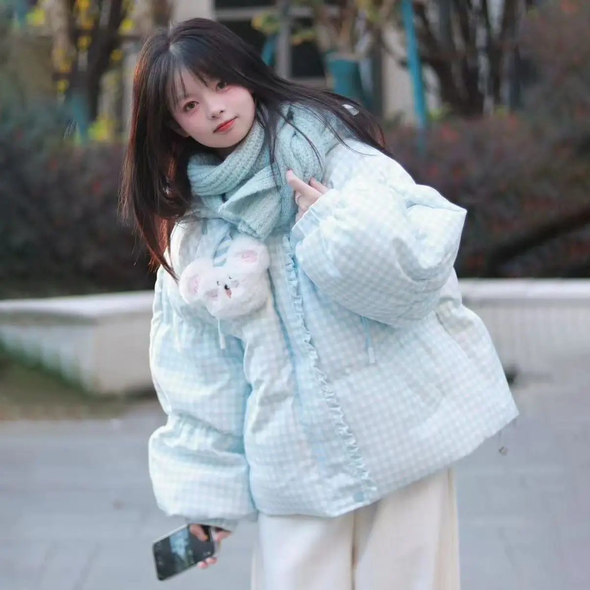 

Japan Sweet Style Blue And White Plaid Hooded Bread Coat For Women Winter New Versatile Warm Student Cotton Coat