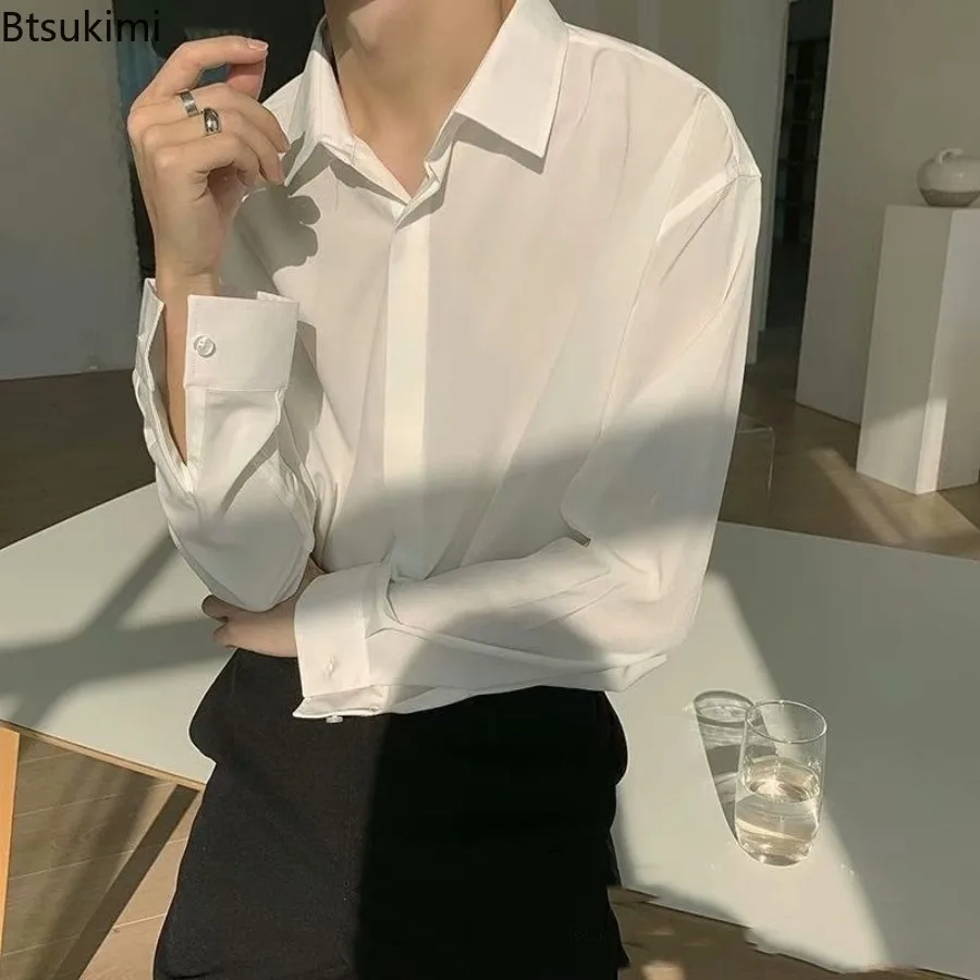 

New Men's Korean Style Men Clothing Drape Shirts Solid Color Lapel Long Sleeve Ice Silk Business Casual Buttons Silk Shirt Male