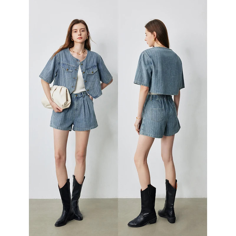 TOYOUTH Women Denim Suit 2024 Summer New Loose Top And Shorts Two-Piece Set