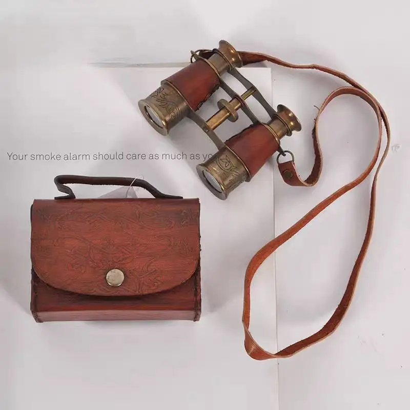 Retro European Brass Binoculars Ornament Vintage Telescope Study Desk Decor Craft with Leather Box