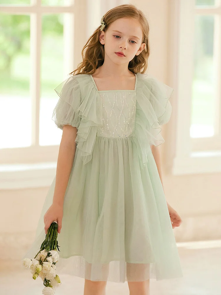 

Baby Girls Summer Dresses Wedding Party Princess Flower Girl Dress Cute Gauze Puff Short Sleeve Light Green 3T 14yrs Kid Clothes