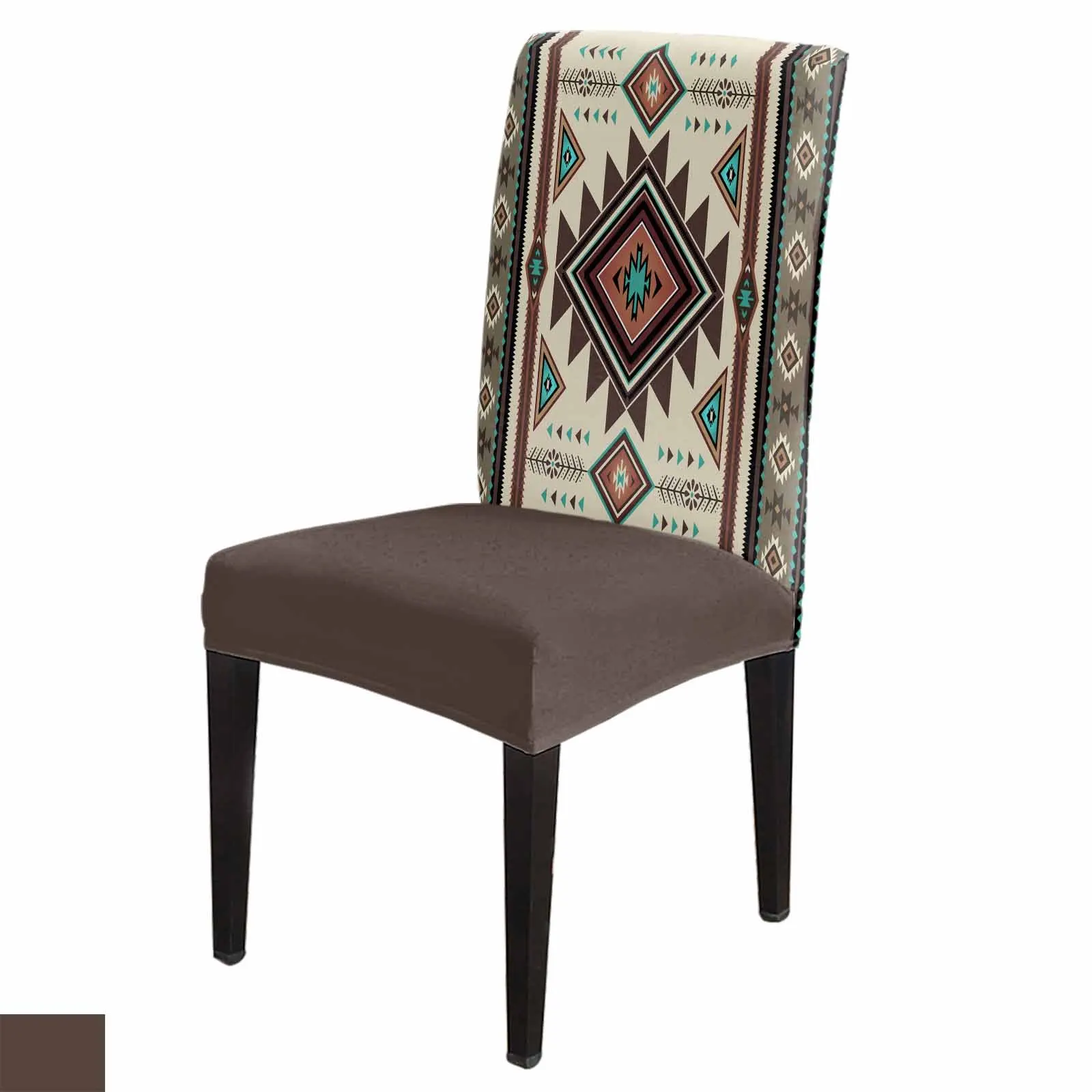 Brown Bohemian Geometric Dining Chair Covers Spandex Stretch Seat Cover for Wedding Kitchen Banquet Party Seat Case