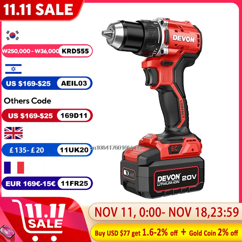 Devon 5203 Cordless Electric Drill Max 90Nm 1800rpm Dual Speed Brushless 20v Torque Adjustable Universal Flex Battery Platform