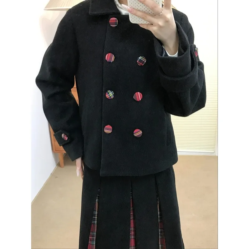American Christmas Sets Retro Double Breasted Woolen Coat Unique Red Checkered Patchwork Pleated Skirt Temperament Party Outfit