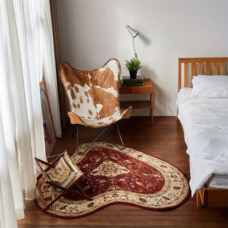 

VIKAMA Vintage Persian-Style Red Floral Patterned Irregular-Shaped Rug Non Slip Wear-Resistant Home Bedside Decorative Rug