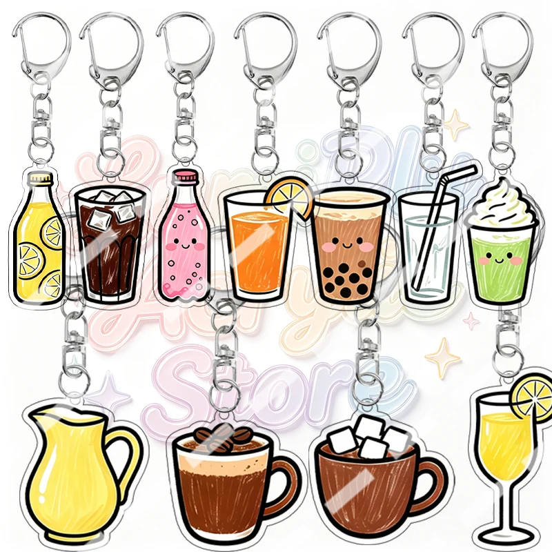 Cute Cartoon Drink Series Acrylic Keychain Creative Double-sided Printing Backpack Q Version Ornament Party Pendant Charm Gifts