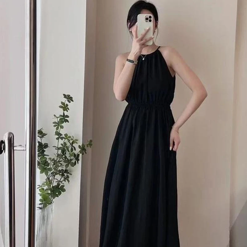 Summer Sexy Sleeveless Black Dress Halter Women's Waist Hollow Long Beach Dress