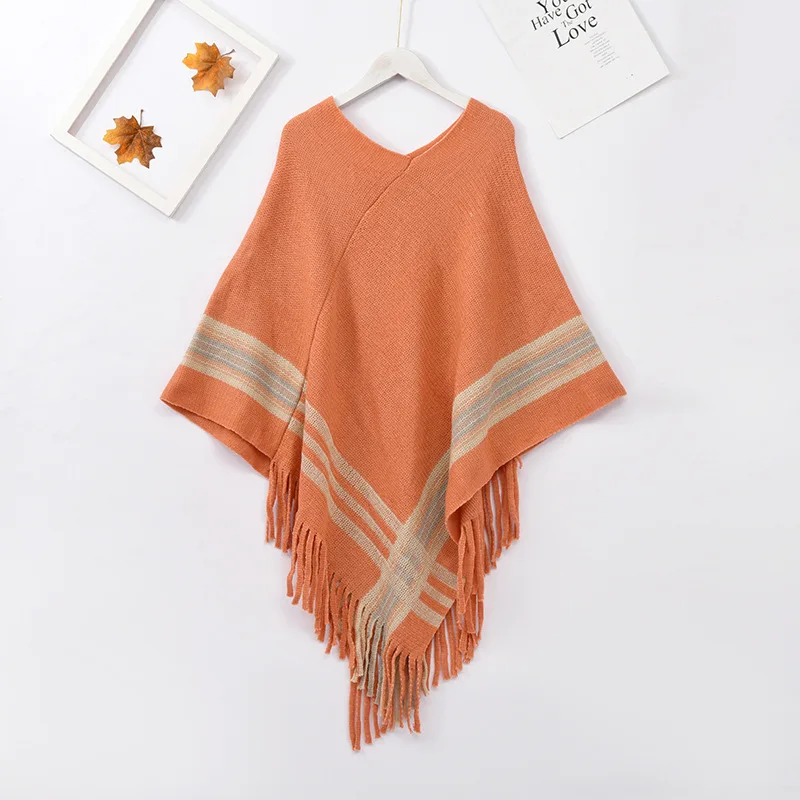 

Autumn Winter Shawl Imitation Cashmere Diagonal Stripe Pullover Warmth Tassels Woman Poncho Cape Pullover Sweater Orange Cloaks