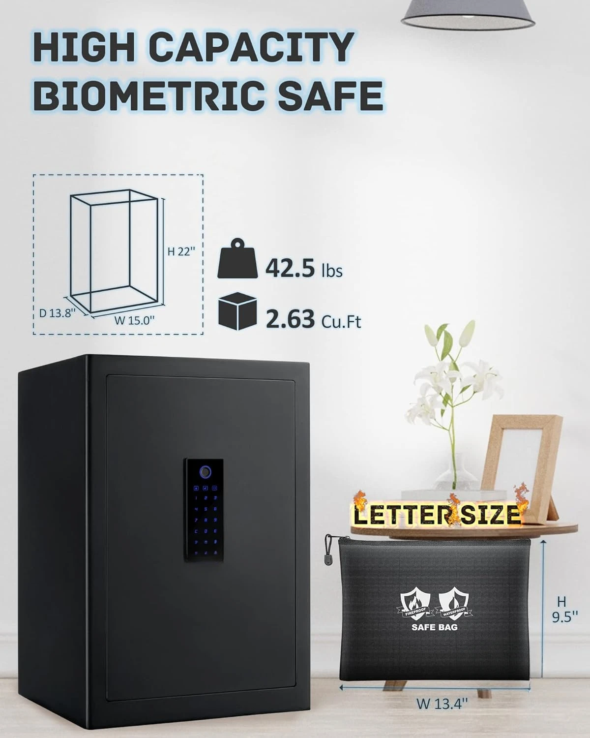 2.63 Cubic Feet Fingerprint Safe with Big Fireproof Waterproof Safe Bag,Smart Biometric Safes for Home Office Hotel,Finger Touch